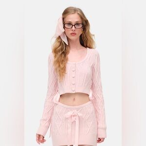 For Love & Lemons Pink Chenille Cable Knit Cardigan, Lace-Up Bows, Size M, NWT
